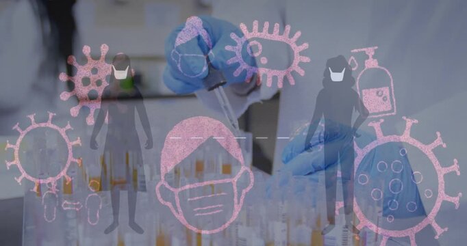 Animation of virus icons over caucasian scientist in lab