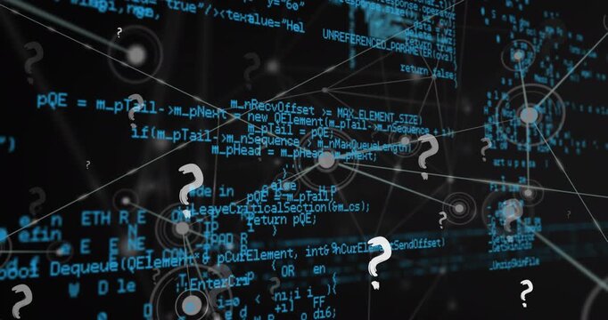 Animation of question mark icons over network of connections and data processing on black background