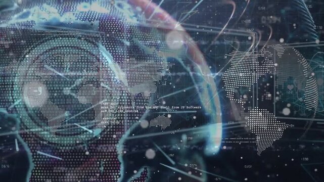 Glitch effect over data processing and ticking clock against spinning globe on blue background