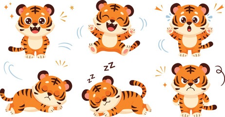 Obraz premium Cute Baby Tiger Emotions Clipart Set with Happy, Sleeping, Angry and Playful Tiger Cub Expressions for Kids Stickers and Animal Designs