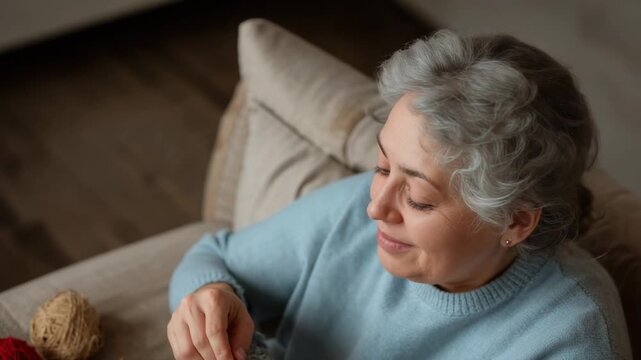 Vertical video: Picking up needles, senior woman knitting colorful scarf on sofa in blue sweater