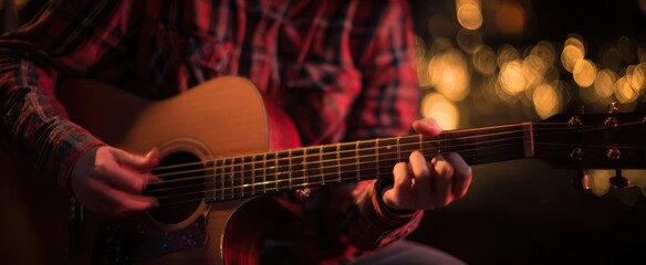 Fototapeta premium The acoustic guitar being strummed by a musician in warm bokeh light