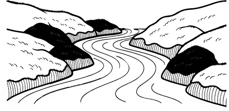Winding river flowing between rocky, white-capped shores under a clear sky