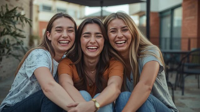 Laughing three women reacting to camera starting on rooftop, in jeans, umbrella, sharing fun moment