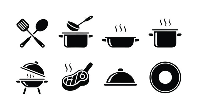 A set of eight black and white cooking utensils and dishes on a table indoors