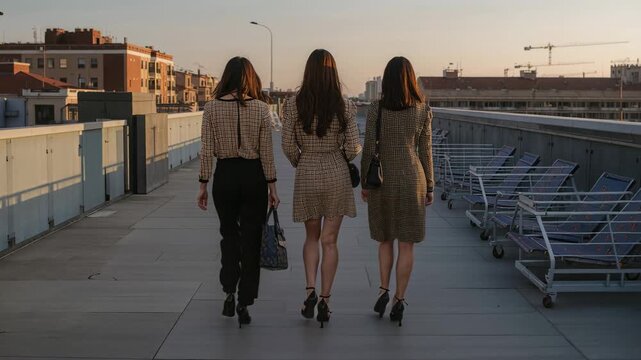 Walking three women in heels with purses starting walk to skyline on urban walkway, stacked carts