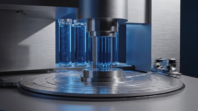 Abstract conceptual visualization of scientific precision equipment, inspired by laboratory microscopy, featuring enlarged metallic surfaces, concentric calibration rings, and translucent glass