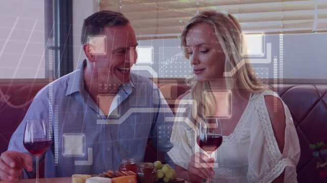 Animation of data processing over caucasian couple having dinner