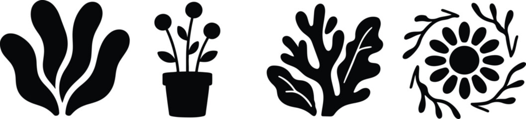 Obraz premium Black and white botanical illustrations featuring potted plants and abstract foliage