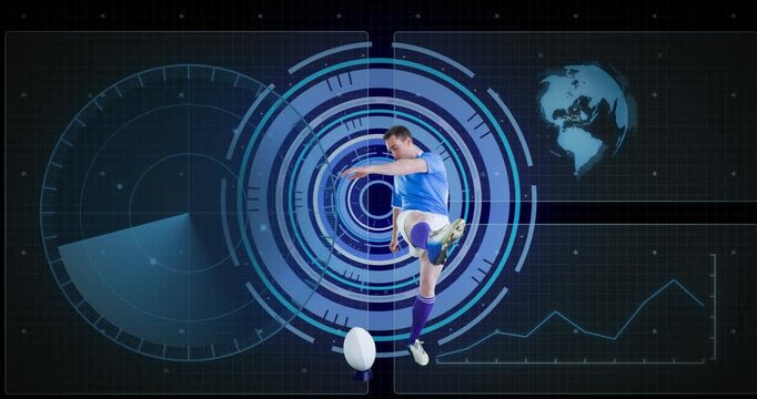 Animation of scope scanning and data processing over caucasian rugby player