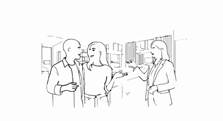 Three people in discussion within a modern interior space