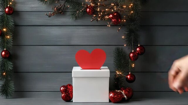 A person drops red hearts into a white box while decorations like ornaments and lights surround the setup during the holidays