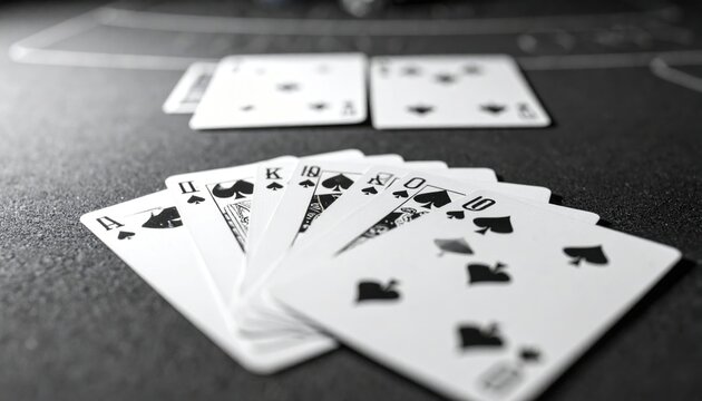 Monochrome close-up of a triumphant Royal Flush in spades, fanned out on a poker table with other cards blurred in the background, signaling a definitive win in a high-stakes game.