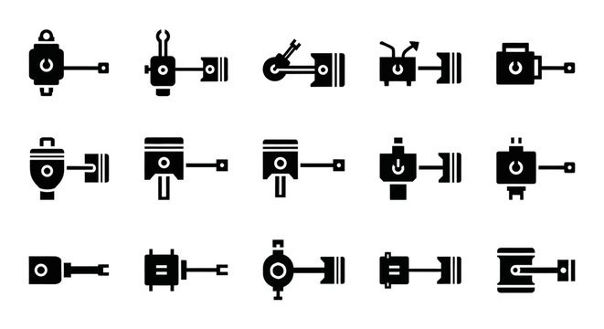 Automotive engine parts vector icon set, showcasing mechanical components like pistons, connecting rods, and crankshafts, ideal for engineering or vehicle projects