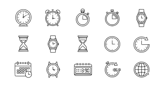 Time and clock thin line icon set with alarm stopwatch timer and watch outline vector collection