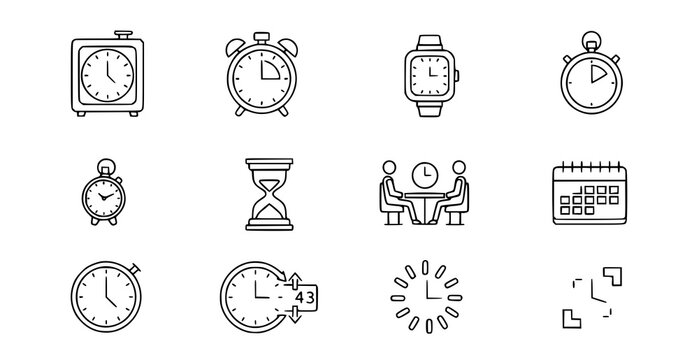 Clock and time management outline icon collection thin line stopwatch alarm and timer vector set