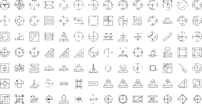 Geometric construction and measurement line icons set including compass ruler angle grid alignment tools technical drawing vector collection