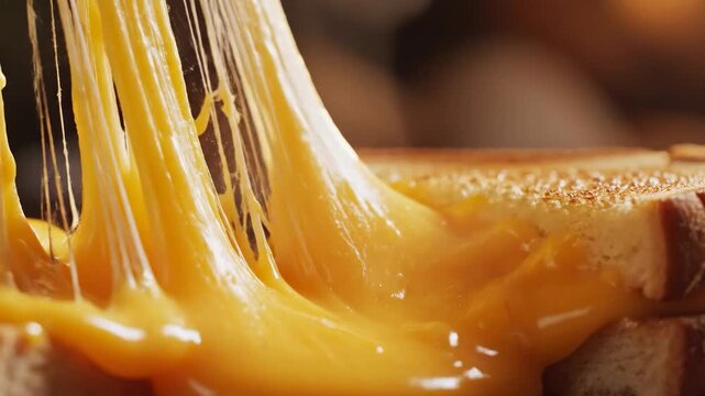 Video of melted cheese stretch with gooey elastic strand detail, appetizing food texture, savory comfort cuisine concept, rich dairy background for restaurant and advertising media.