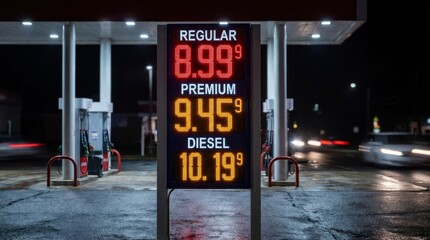 Naklejka na ściany i meble Nighttime Gas Station Price Sign Showing Fuel Costs in Dollars