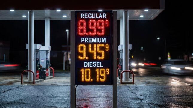 Nighttime Gas Station Price Sign Showing Fuel Costs in Dollars