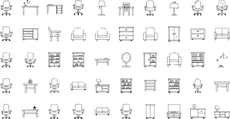 Obraz premium Furniture line icons set including chairs tables cabinets shelves lamps sofa wardrobe and office furniture outline vector collection isolated on white background