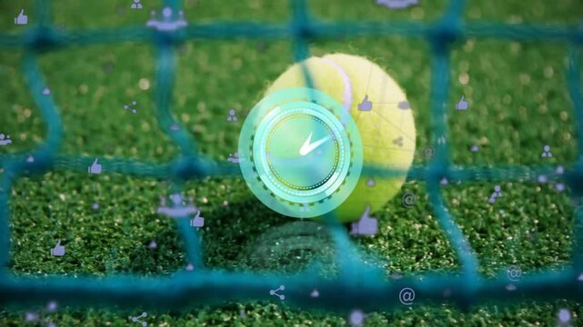 Tennis ball floating on green turf behind teal net, showing holographic Nike logo and digital icons