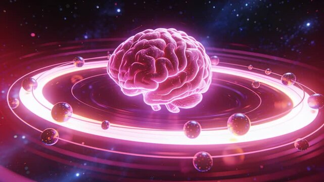 Rotating neon-magenta brain in space starting sequence, ring and spheres orbiting creating radiance