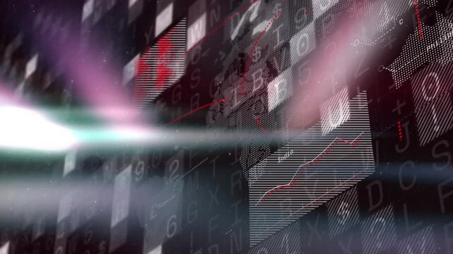 Data wall activating after cyan band sweep, revealing chart lines, map markers visualizing trends