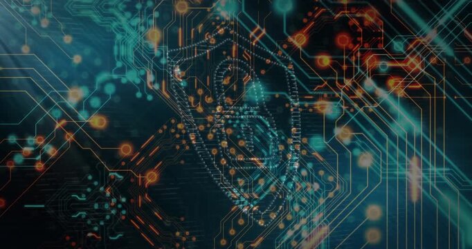 Neon circuits pulsing guiding orange nodes shaping hex shield forming padlock icon securing data