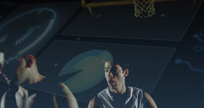 Contact starting jostling in sports, two men vying under hoop, HUD mapping motion seeking rebound