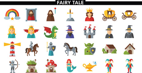 Obraz premium Fairy Tale Fantasy Icon Set Featuring Princess, Dragon, Wizard, Knight, Castle, Mermaid, Lamp, Carriage, and Magical Storybook Characters