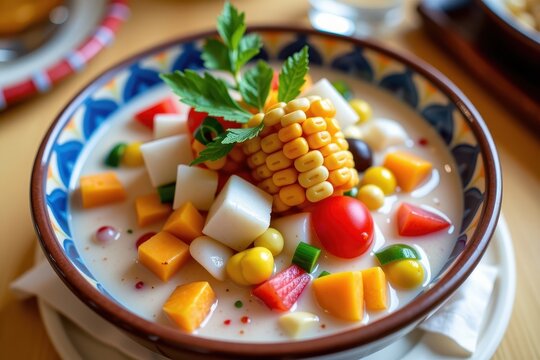 A colorful bowl of Peruvian Ceviche bathed in milky tiger's leche, garnished with giant corn and sweet potato.