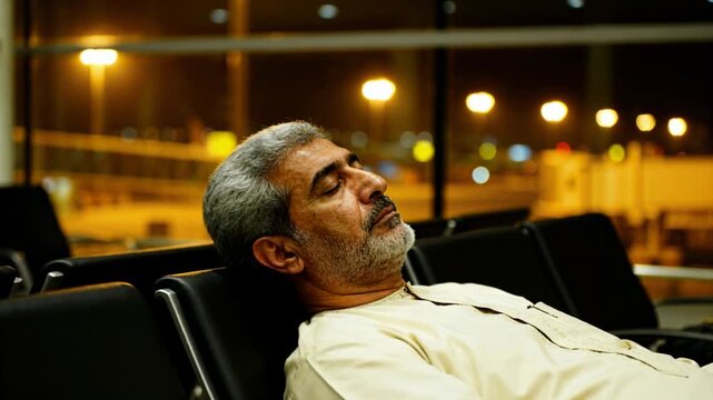 Dozing Middle Eastern senior man in light tunic waiting for flight on gate seats, tarmac lights
