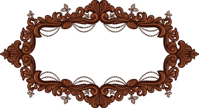 An ornate brown frame with floral designs and butterflies on a white background