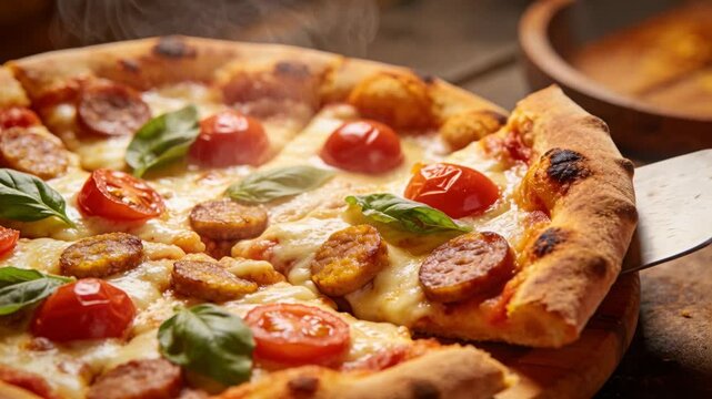 Sliding pizza server lifting slice from pizza on warm counter to serve, with stretching mozzarella