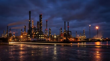 Industrial Complex at Night with Smokestacks and Reflections