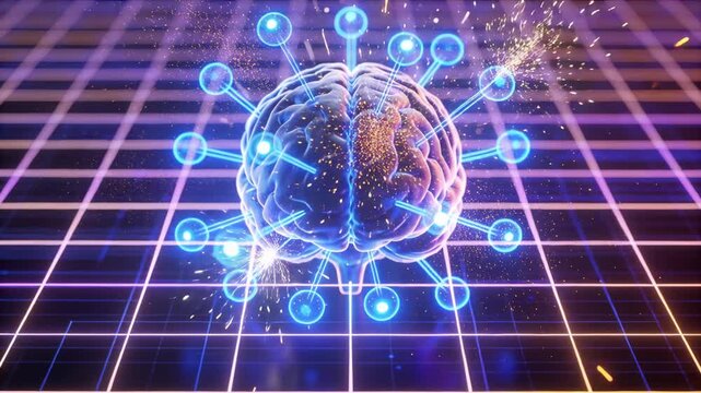 Human brain hologram hovering above neon grid, attracting golden sparks, pulsing radial nodes