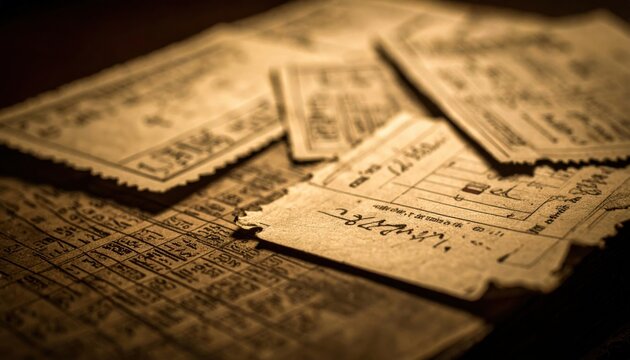 A collection of aged vintage betting slips and coupons scattered on a dark surface, featuring handwritten numbers and worn textures.