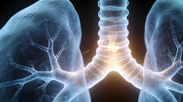 Carina glow sparking lit dot moving down trachea showing strand into bronchus in render with lungs
