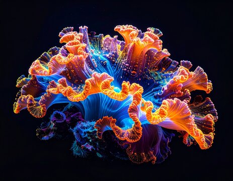 Abstract bioluminescent deep sea coral glowing orange blue and purple vibrant lights on black background