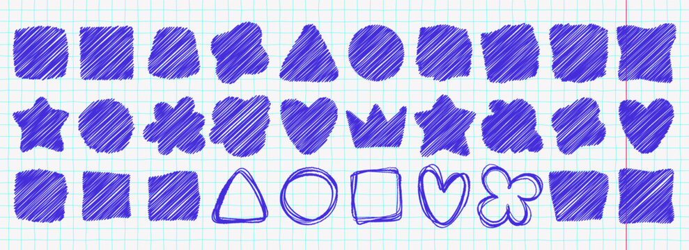 Chaotic pen scribble set with rough brush scratches and playful doodle shapes. Expressive messy strokes create dynamic abstract textures for bold modern layouts.
