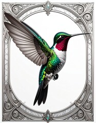Fototapeta premium Hummingbird With Iridescent Feathers Hovering Midair In Ornate Silver Frame