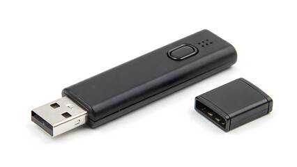 Black USB Flash Drive with Removable Cap Isolated on White Background &ndash; High‑Resolution Portable Data Storage Device Photo