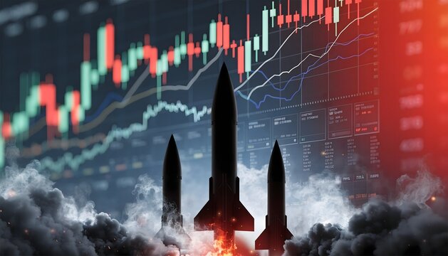 Silhouette of military missiles launching against a dark background of glowing financial stock market charts. Concept of geopolitical tension and economic market volatility.
