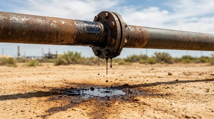 Oil Pipeline Leak in Desert Environment with Dripping Oil