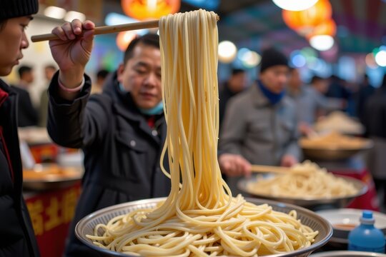 A vendor in a Beijing night market pulling incredibly long, thin strands of hand pulled La Mian noodles in mid air.