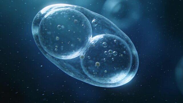 Drifting double-lobed vesicle with inner droplet shifting and forming bud at neck, with particles