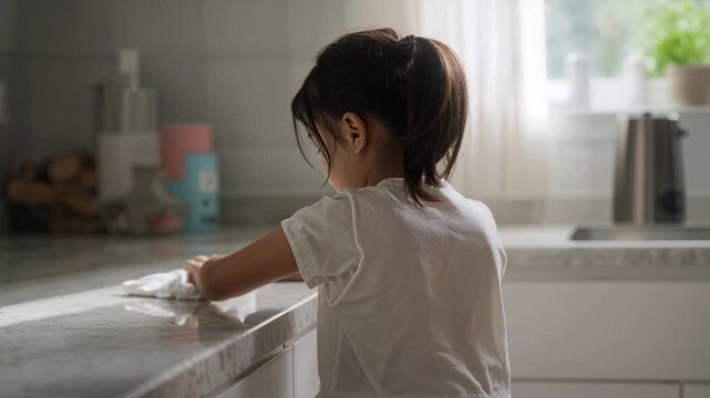Placing white cloth, Asian girl in white tee wiping kitchen counter at home, cleaning surface