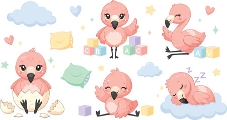 Fototapeta premium Cute Baby Flamingo Nursery Clipart Set with Sleeping, Sitting, Hatching Egg and Playful Flamingo Chicks with Clouds, Pillows and Alphabet Blocks