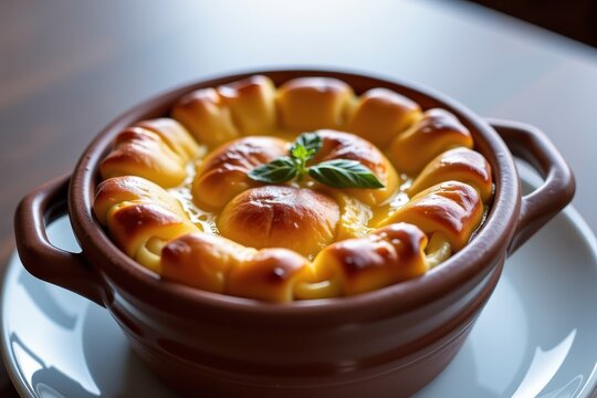 A bubbling clay cazuela of Chilean Pastel de Choclo, a golden brown sweet corn pie baked in a wood fired oven.